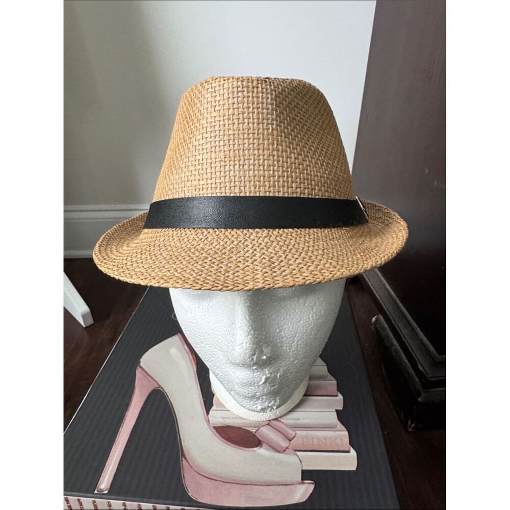 Straw Fedora Hat with Black Band - Tan
